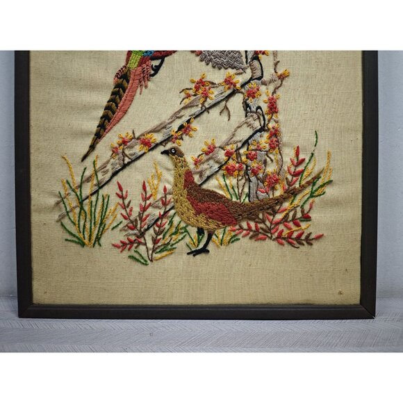 Vintage Completed Framed Crewel Embroidery Ring Neck Pheasant Scene On Linen - Picture 6 of 9